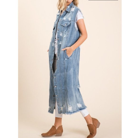 Plus Distressed Long Maxi Denim Vest Jean Jacket - Picture 5 of 7